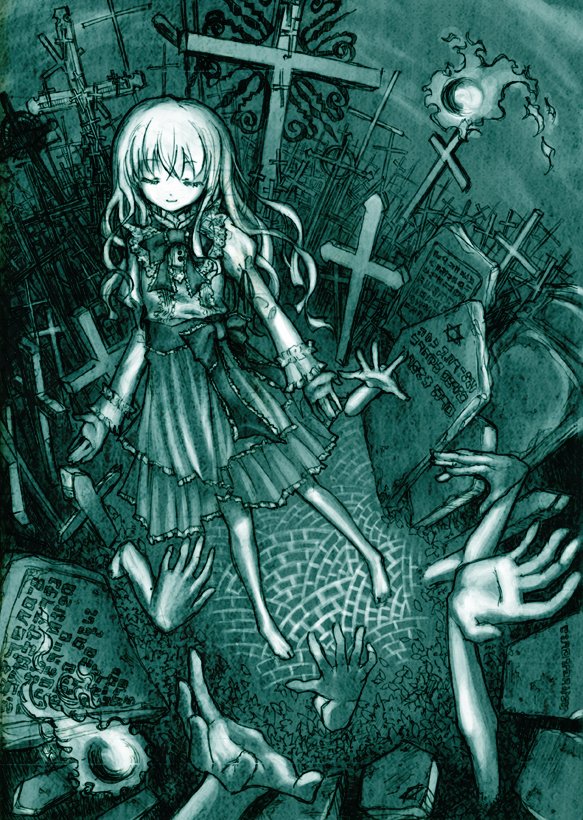 shouichi, original, sentimental vector, bad id, bad pixiv id, 1girl, aqua theme, barefoot, cross, dark, female focus, gothic lolita, graveyard, latin cross, lolita fashion, monochrome, solo