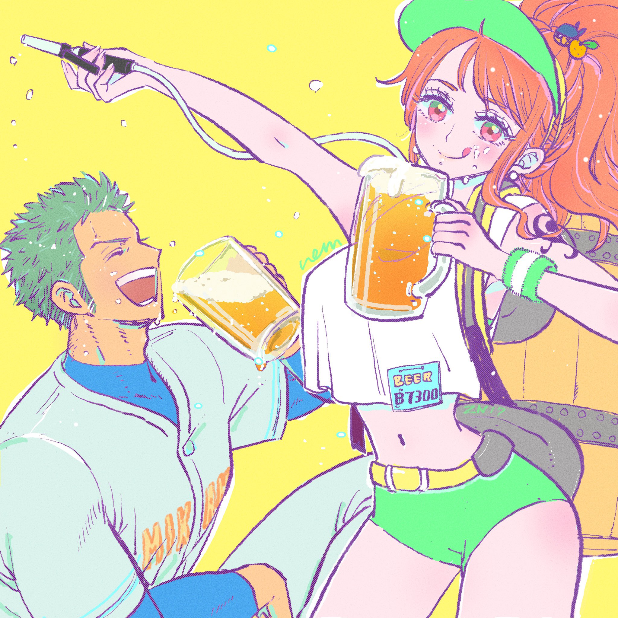nem edogawa, nami (one piece), roronoa zoro, one piece, commentary request, highres, 1boy, 1girl, :q, alcohol, alternate costume, arm up, bare shoulders, barrel, baseball uniform, beer, beer glass, belt, blush, closed eyes, closed mouth, cowboy shot, cup, earrings, food-themed hair ornament, fruit hair ornament, green hair, green shorts, hair ornament, high ponytail, holding, holding cup, jewelry, long hair, looking at viewer, midriff, navel, open mouth, orange eyes, orange hair, orange hair ornament, outstretched arm, pearl earrings, ponytail, shirt, short hair, shorts, shoulder tattoo, sportswear, tattoo, tongue, tongue out, white shirt, yellow background, yellow belt