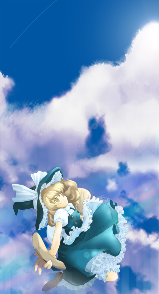 kirisame marisa, touhou, 1girl, blonde hair, broom, broom riding, cloud, contrail, day, female focus, hat, shooting star, sidesaddle, sky, solo, witch, witch hat