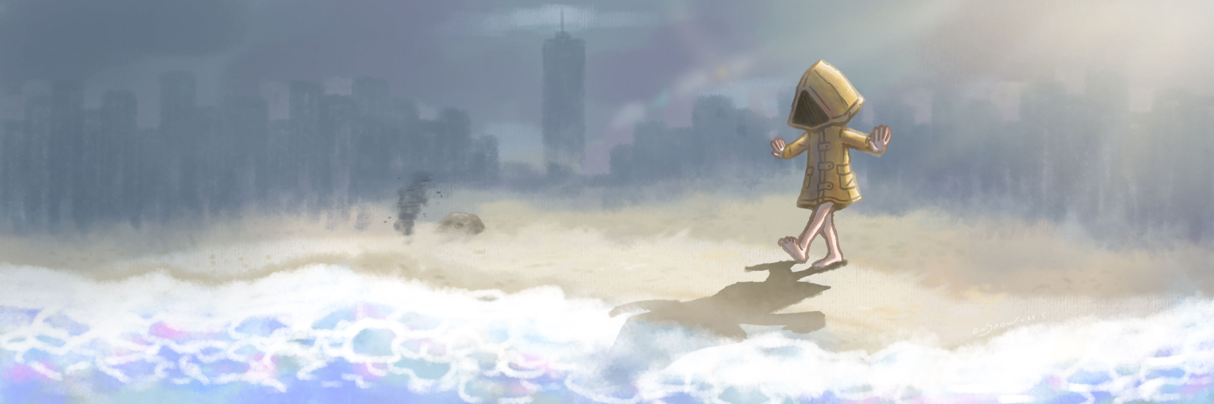 six (little nightmares), little nightmares, little nightmares ii, absurdres, highres, airplane arms, barefoot, beach, hood, hood up, outstretched arms, raincoat, spread arms, yellow raincoat, yukisa zuououo