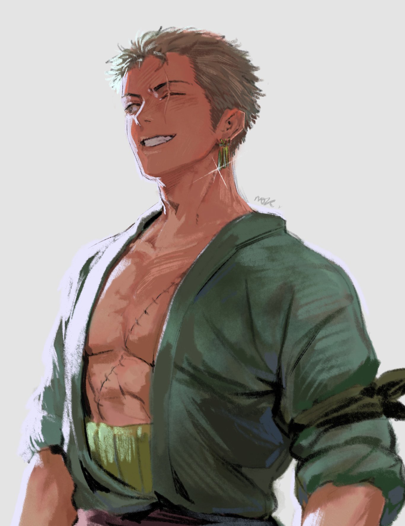 nok (nok 1), roronoa zoro, one piece, commentary, highres, symbol-only commentary, 1boy, bandana, bandana around arm, black bandana, earrings, glint, gold earrings, green hair, green shirt, grey background, grin, haramaki, jewelry, male focus, one eye closed, pectorals, scar, scar across eye, scar on chest, scar on face, shirt, short hair, signature, smile, solo, upper body