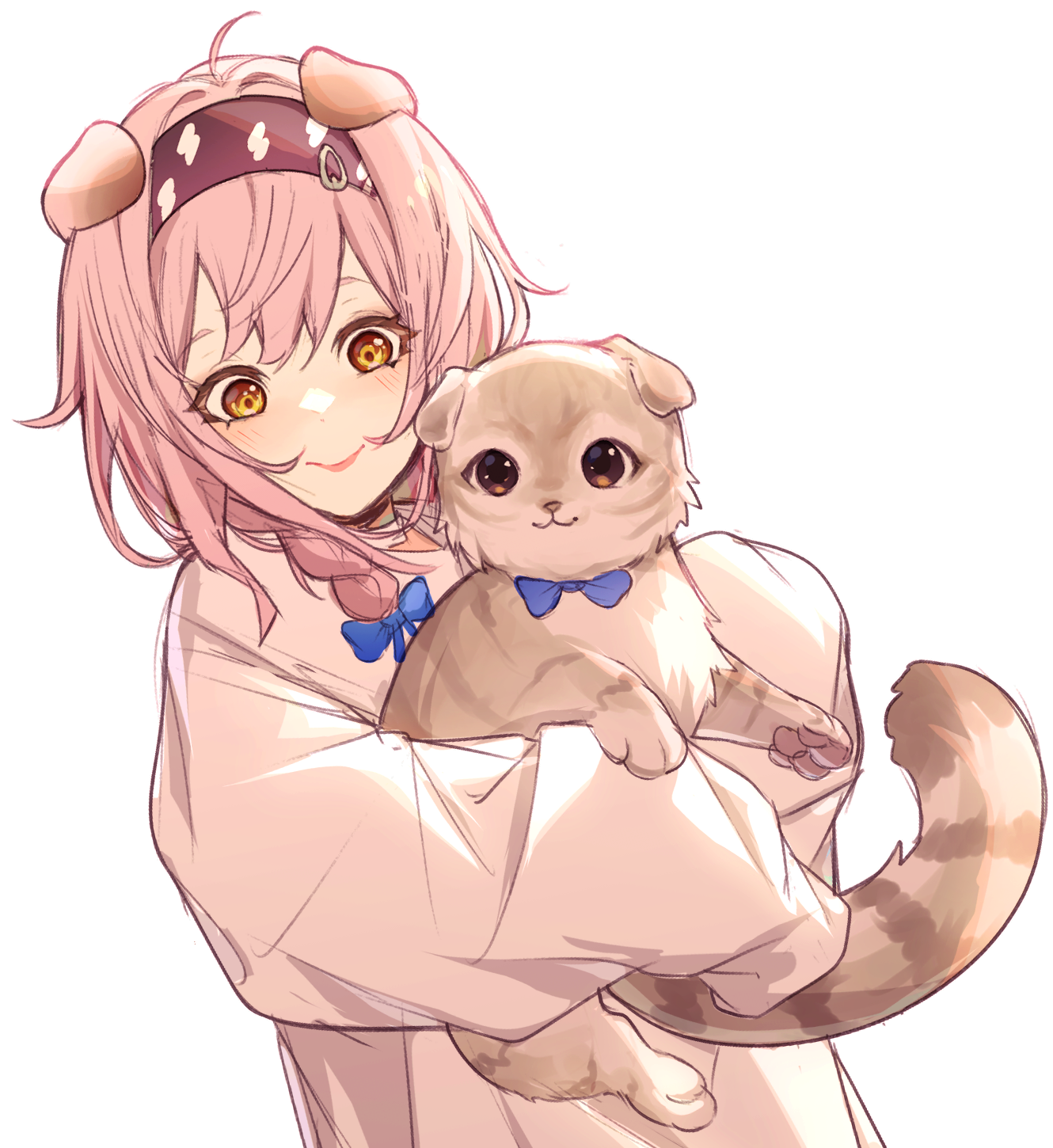 ev-oo, goldenglow (arknights), arknights, highres, 1girl, ahoge, animal, animal ears, black hairband, blue bow, blush, bow, braid, cat, cat ears, cat girl, closed mouth, grey cat, hair bow, hairband, holding, holding animal, holding cat, long hair, long sleeves, pink hair, puffy long sleeves, puffy sleeves, scottish fold, shirt, side braid, simple background, sleeves past fingers, sleeves past wrists, smile, solo, trait connection, upper body, white background, white shirt, yellow eyes