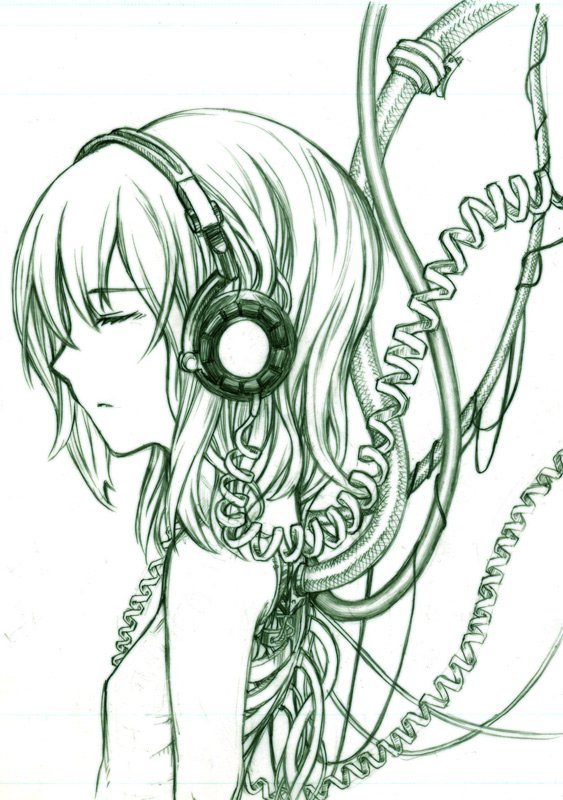 shouichi, original, sentimental vector, bad id, bad pixiv id, 1girl, female focus, green theme, headphones, mecha musume, monochrome, solo