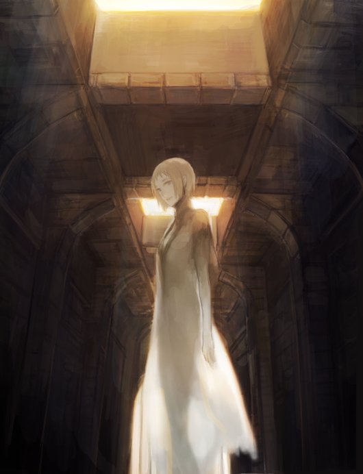 sime (echo), yorda, ico, light, md5 mismatch, 1girl, blonde hair, dungeon, female focus, robe, see-through clothes, solo, white robe