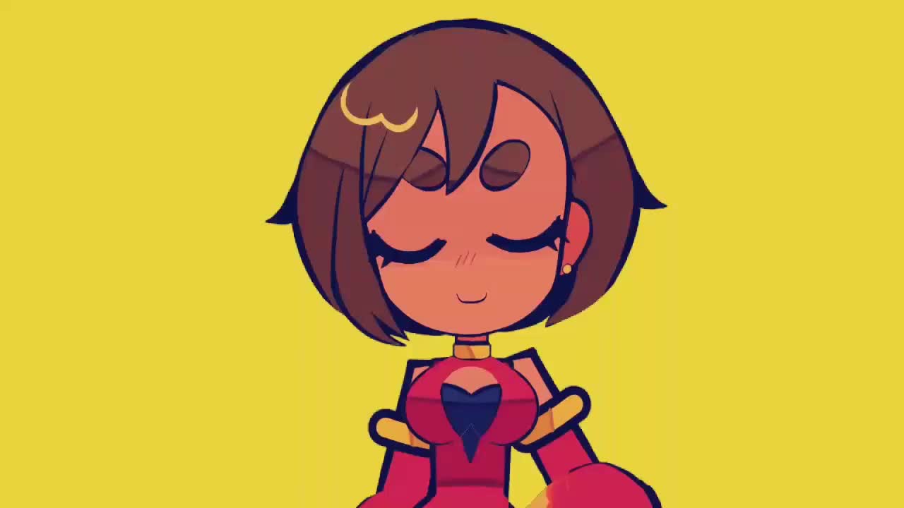 rainelyn00, meiko (vocaloid), vocaloid, animated, tagme, video, 1girl, bare shoulders, black eyes, bouncing breasts, breasts, brown hair, cleavage, cleavage cutout, clenched hand, closed mouth, clothing cutout, collar, dancing, detached sleeves, dress, earrings, index finger raised, jewelry, large breasts, open mouth, passionaire (vocaloid), red background, red dress, short hair, simple background, smile, solo, teeth, thick eyesbrows, white eyes, yellow background, yellow collar, yellow trim