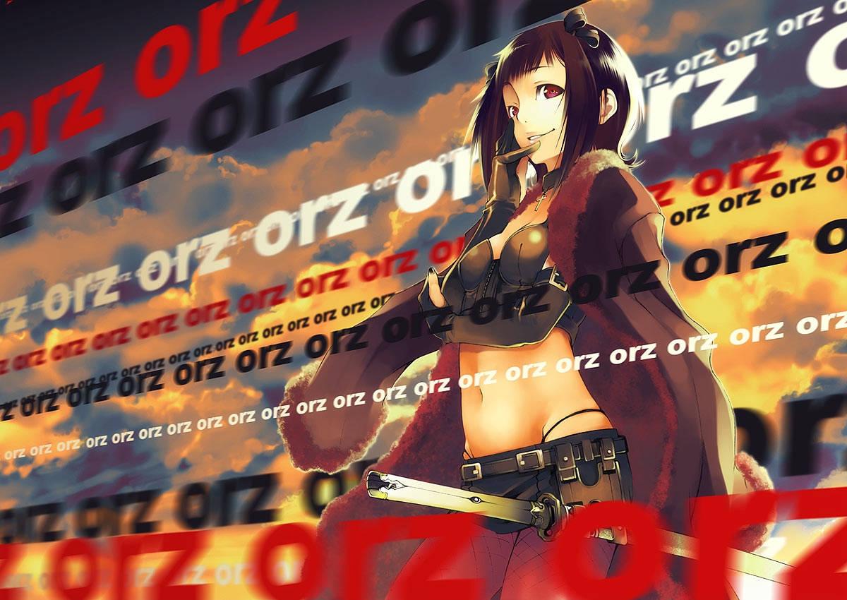 shiomiya iruka, amami haruka, idolmaster, idolmaster (classic), idolmaster 1, niconico, bad id, bad pixiv id, 00s, 1girl, brown hair, danmaku comments, elbow gloves, female focus, fishnets, gloves, katana, midriff, prostration, red eyes, ribbon, short shorts, shorts, solo, sword, weapon