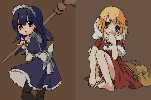 iruha, alice (ragnarok online), chepet, ragnarok online, fur, bad id, bad pixiv id, 2girls, angry, barefoot, blonde hair, blue hair, broom, brown eyes, coat, dress, feet, green eyes, head tilt, long hair, looking back, maid, maid headdress, multiple girls, nail polish, pantyhose, ribbon, sitting, toenail polish, toenails