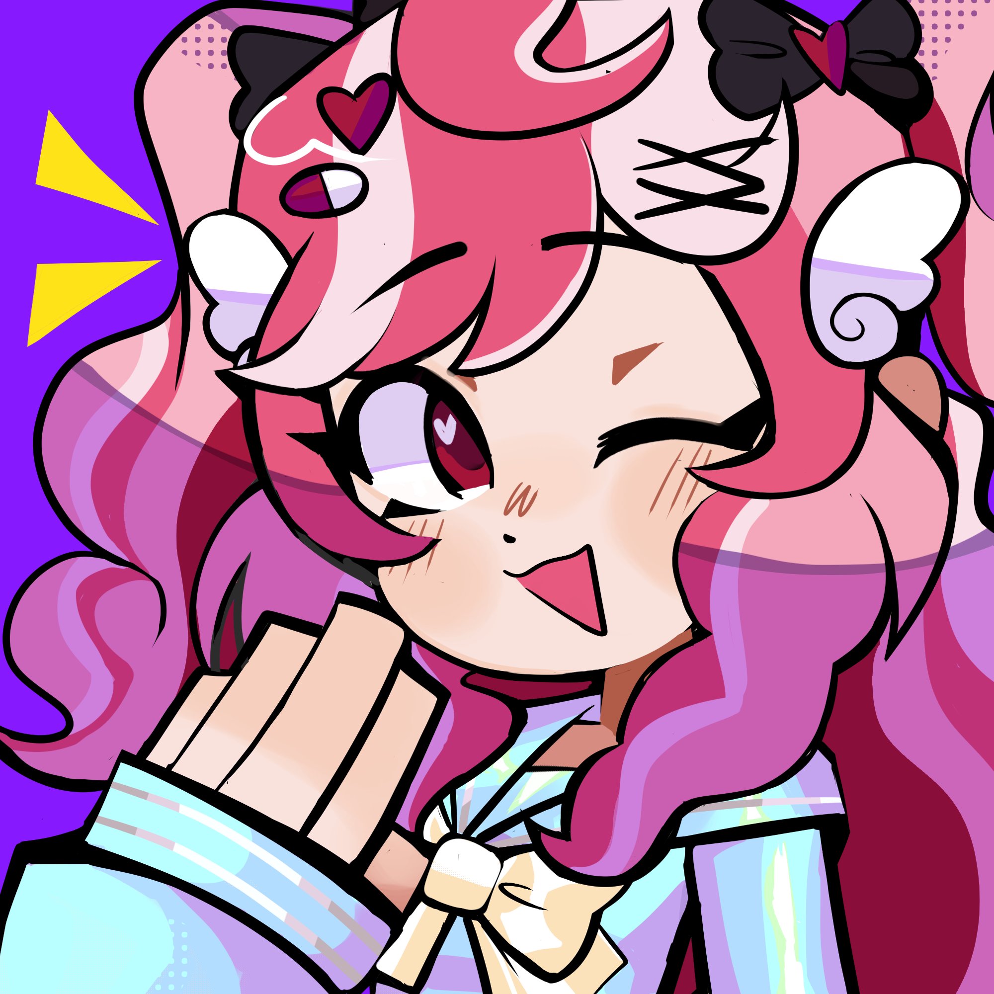 rainelyn00, original, 1girl, :3, aqua sailor collar, aqua serafuku, black bow, bow, bowtie, close-up, hair bow, hair ornament, halftone, hand up, heart, heart-shaped pupils, long hair, multicolored hair, one eye closed, open mouth, pink hair, red eyes, sailor collar, school uniform, serafuku, solo, streaked hair, symbol-shaped pupils, twintails, white hair, wing hair ornament, x hair ornament, yellow bow, yellow bowtie