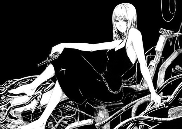 akitu kouta, original, 1girl, dress, female focus, greyscale, gun, handgun, monochrome, revolver, solo, weapon