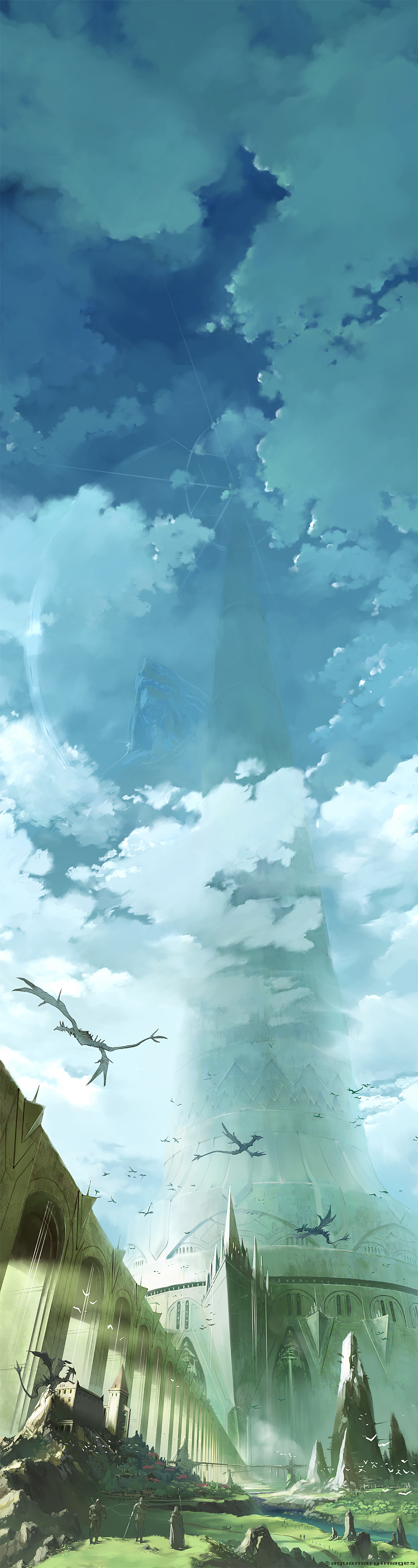 aquamary, original, absurdres, highres, long image, tall image, 3boys, bridge, cloud, dragon, fantasy, landscape, lens flare, male focus, megastructure, monster, multiple boys, orbital ring, scenery, science fiction, sky, space elevator, sunlight, tower, town