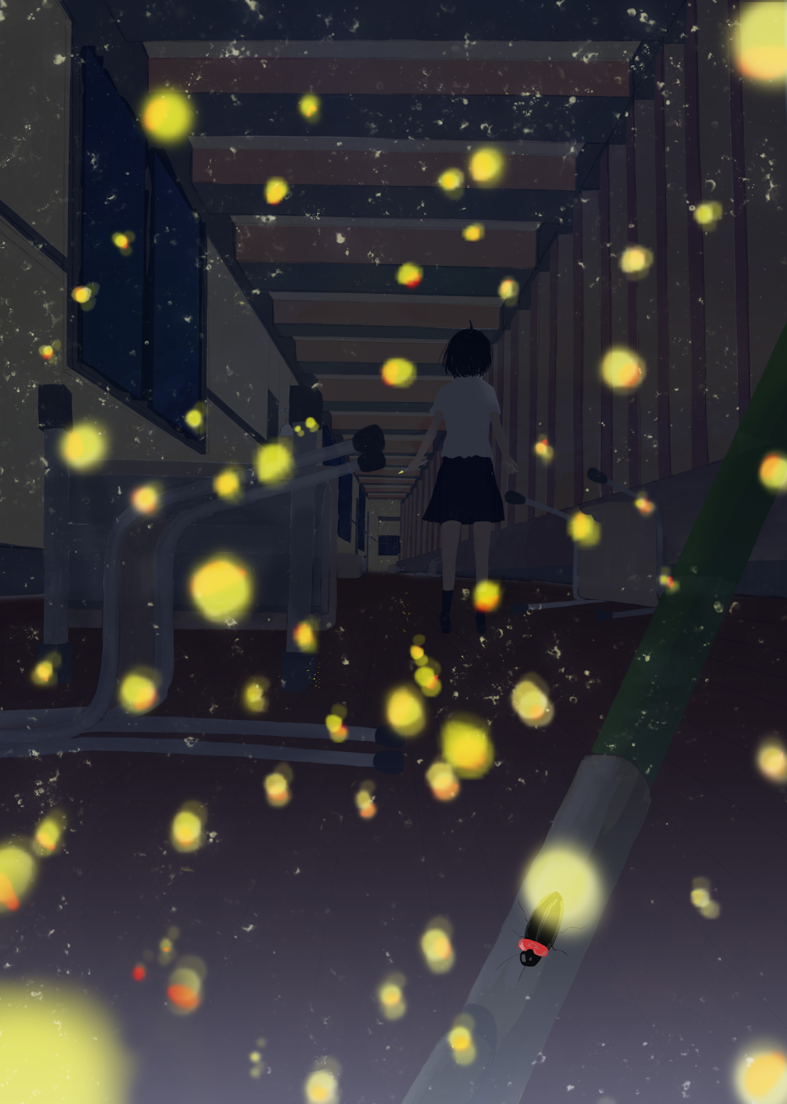 original, absurdres, highres, 1girl, black hair, blurry, bokeh, bug, chair, depth of field, fireflies, from behind, indoors, night, paintbrush, rokka 29, scenery, school, school uniform, serafuku