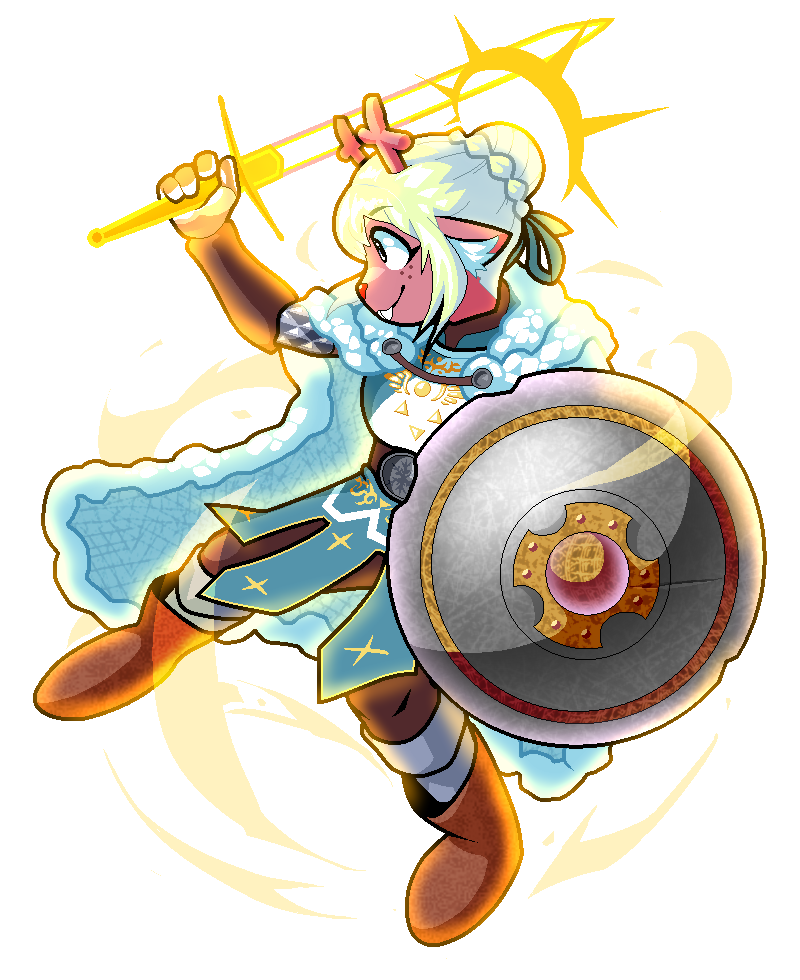 acenth, noelle holiday, baldur's gate, baldur's gate 3, deltarune, dungeons & dragons, dungeons & dragons, utdr (toby fox), commentary, english commentary, 1girl, alternate costume, alternate hairstyle, animal ear fluff, animal ears, antlers, arm up, armor, aura, belt, blue cloak, blue skirt, boots, braid, braided bun, brown belt, brown boots, buck teeth, cloak, closed mouth, deer ears, delta rune (symbol), freckles, from side, glowing, glowing sword, glowing weapon, green ribbon, hair bun, hair ribbon, halo, holding, holding shield, holding sword, holding weapon, hood, hooded cloak, horns, long sword, paladin, ribbon, shield, short hair, simple background, skirt, smile, snow print, socks, solo, sword, teeth, weapon, white armor, white background, white hair, white socks, white trim
