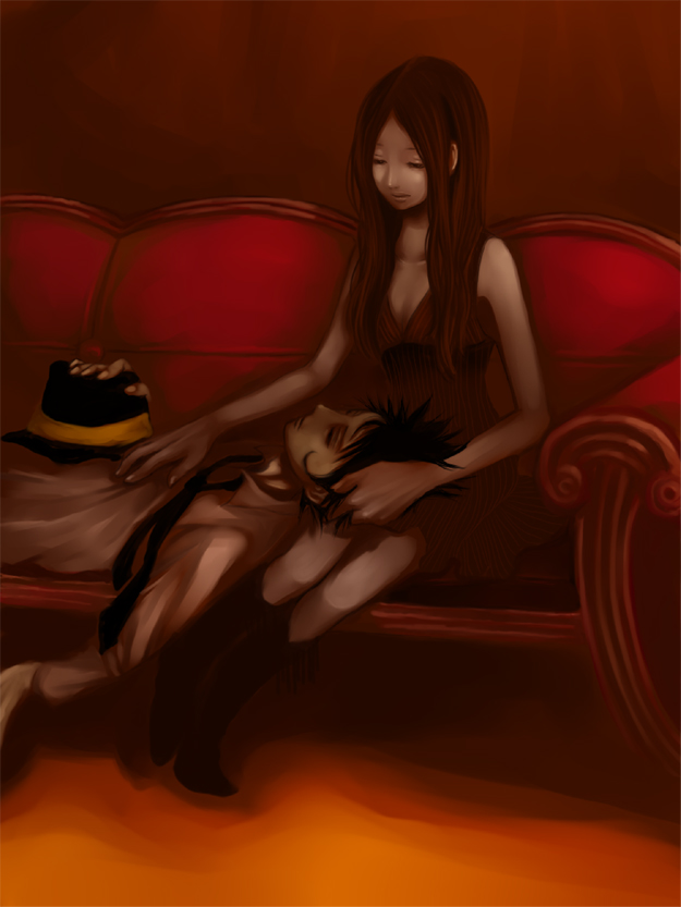3 degrees celsius, bianchi, reborn, katekyo hitman reborn!, bad id, bad pixiv id, 00s, 1boy, 1girl, breasts, cleavage, couch, couple, dress, fedora, hand on headwear, hat, hetero, lap pillow, long hair, lying, on back, red upholstery, unworn hat, unworn headwear