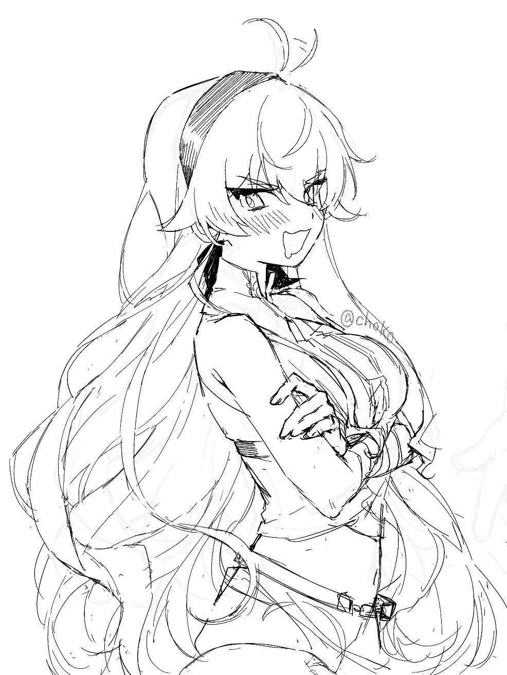 cho kooooo, copyright request, highres, ahoge, belt, crossed arms, drooling, embarrassed, lineart, long hair, looking at viewer, navel, tiara