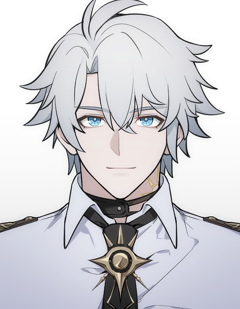 fumei20220904, phainon (honkai: star rail), honkai: star rail, honkai (series), 1boy, alternate costume, antenna hair, black choker, black necktie, blue eyes, choker, closed mouth, collared shirt, crossed bangs, english text, grey hair, hair between eyes, looking at viewer, male focus, neck tattoo, necktie, shirt, short hair, simple background, smile, sun ornament, sun symbol, sun tattoo, tan, tattoo, upper body, white background, white shirt, yellow pupils