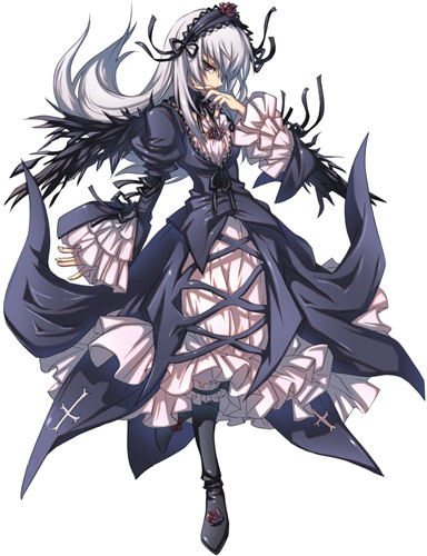 cota, suigintou, rozen maiden, bad id, bad pixiv id, lowres, 00s, dress, kneehighs, socks, solo, white hair, wings