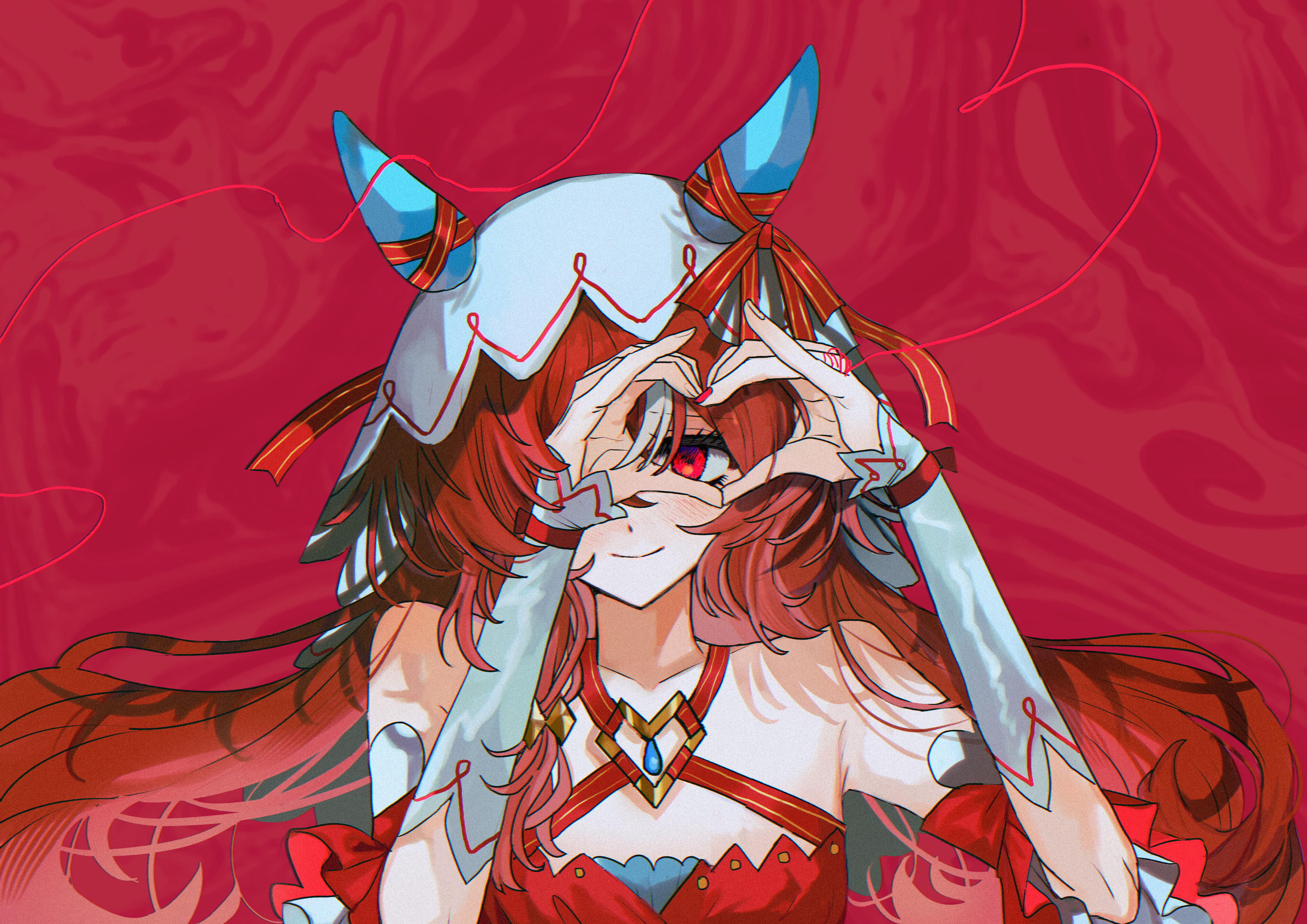 mktkprpr, still in love (umamusume), umamusume, absurdres, commentary request, highres, 1girl, animal ears, bare shoulders, brown hair, heart, heart hands, heart hands over eye, horse ears, horse girl, light blush, long hair, looking at viewer, one eye covered, portrait, red background, red eyes, red ribbon, ribbon, sleeveless, smile, solo, veil, white veil