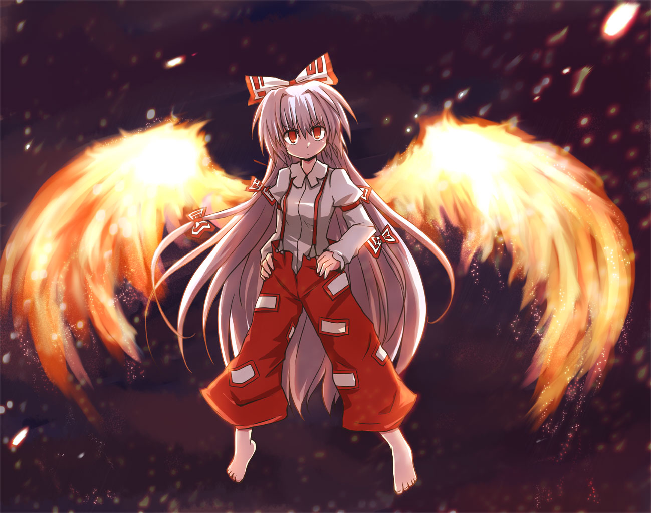 dorua (dollar), fujiwara no mokou, touhou, 1girl, barefoot, female focus, fiery wings, fire, solo, wings