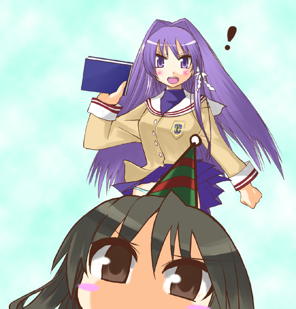 hane (hanegoya), fujibayashi kyou, ibuki fuuko, clannad, 00s, 2girls, brown hair, hat, long hair, multiple girls, panties, party hat, purple hair, school uniform, serafuku, underwear