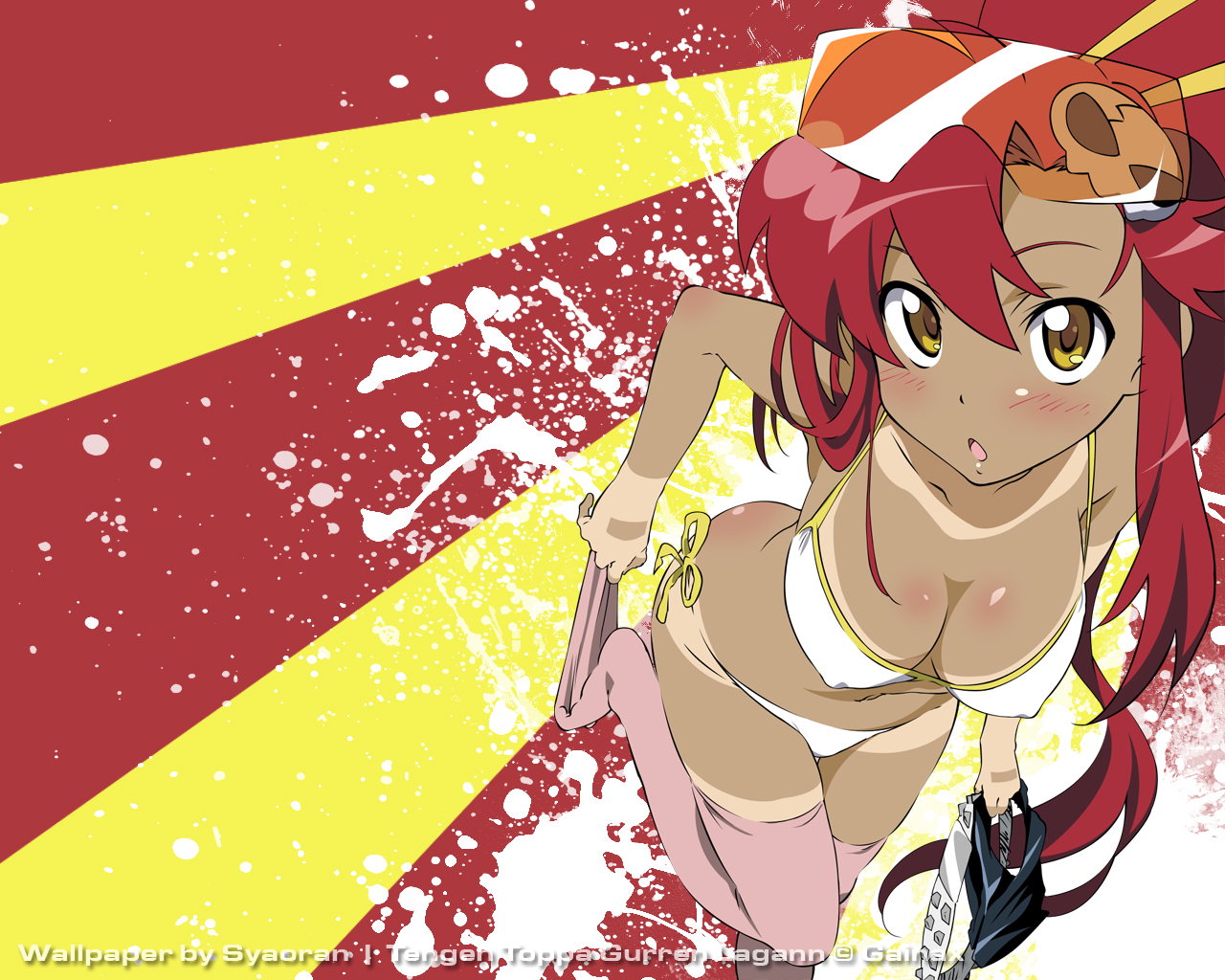 yamaguchi satoshi, yoko littner, tengen toppa gurren lagann, official art, official wallpaper, 00s, 1girl, :o, accessory tan, belt, bikini, bikini tan, blush, body blush, breasts, cleavage, covered erect nipples, dark-skinned female, dark skin, embarrassed, eyewear on head, female focus, gainaxtop, goggles, hair between eyes, hair ornament, holding, large breasts, leaning forward, leg lift, long hair, looking at viewer, navel, open mouth, paint splatter, pink thighhighs, ponytail, red hair, safety glasses, short shorts, shorts, side-tie bikini bottom, sidelocks, skull hair ornament, solo, standing, standing on one leg, striped background, studded belt, sunglasses, surprised, swimsuit, tan, tanline, tanlines, thigh gap, thighhighs, thighhighs pull, tinted eyewear, toe scrunch, transparent, undressing, unworn shorts, very long hair, watermark, white bikini, yellow-tinted eyewear, yellow eyes