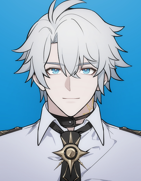 fumei20220904, phainon (honkai: star rail), honkai: star rail, honkai (series), 1boy, alternate costume, antenna hair, black choker, black necktie, blue background, blue eyes, choker, closed mouth, collared shirt, crossed bangs, english text, grey hair, hair between eyes, looking at viewer, male focus, neck tattoo, necktie, shirt, short hair, simple background, smile, sun ornament, sun symbol, sun tattoo, tan, tattoo, upper body, white shirt, yellow pupils