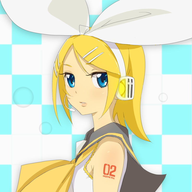mebae, kagamine rin, vocaloid, bare shoulders, blonde hair, blue eyes, headset, solo