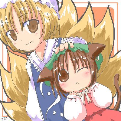 chen, yakumo ran, touhou, lowres, 2girls, :<, animal ears, blonde hair, brown eyes, brown hair, cat ears, cat girl, cat tail, earrings, female focus, fox tail, hat, headpat, jewelry, multiple girls, multiple tails, oekaki, short hair, smile, surcoat, tail