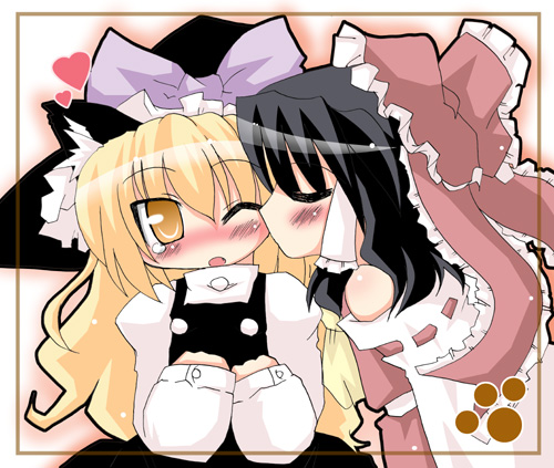 muuba, hakurei reimu, kirisame marisa, touhou, lowres, 2girls, animal ears, black hair, blonde hair, blush, cat ears, cat girl, female focus, hair ribbon, kiss, multiple girls, ribbon, yuri