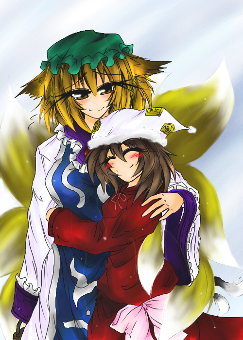 aiba kinoko (aozora), chen, yakumo ran, touhou, 2girls, animal ears, animal hat, blonde hair, blush, dress, female focus, fox ears, fox tail, hat, headwear switch, height difference, hug, long hair, long sleeves, mob cap, multiple girls, multiple tails, red dress, red hair, short hair, surcoat, tabard, tail, tassel, white dress, wide sleeves, yuri