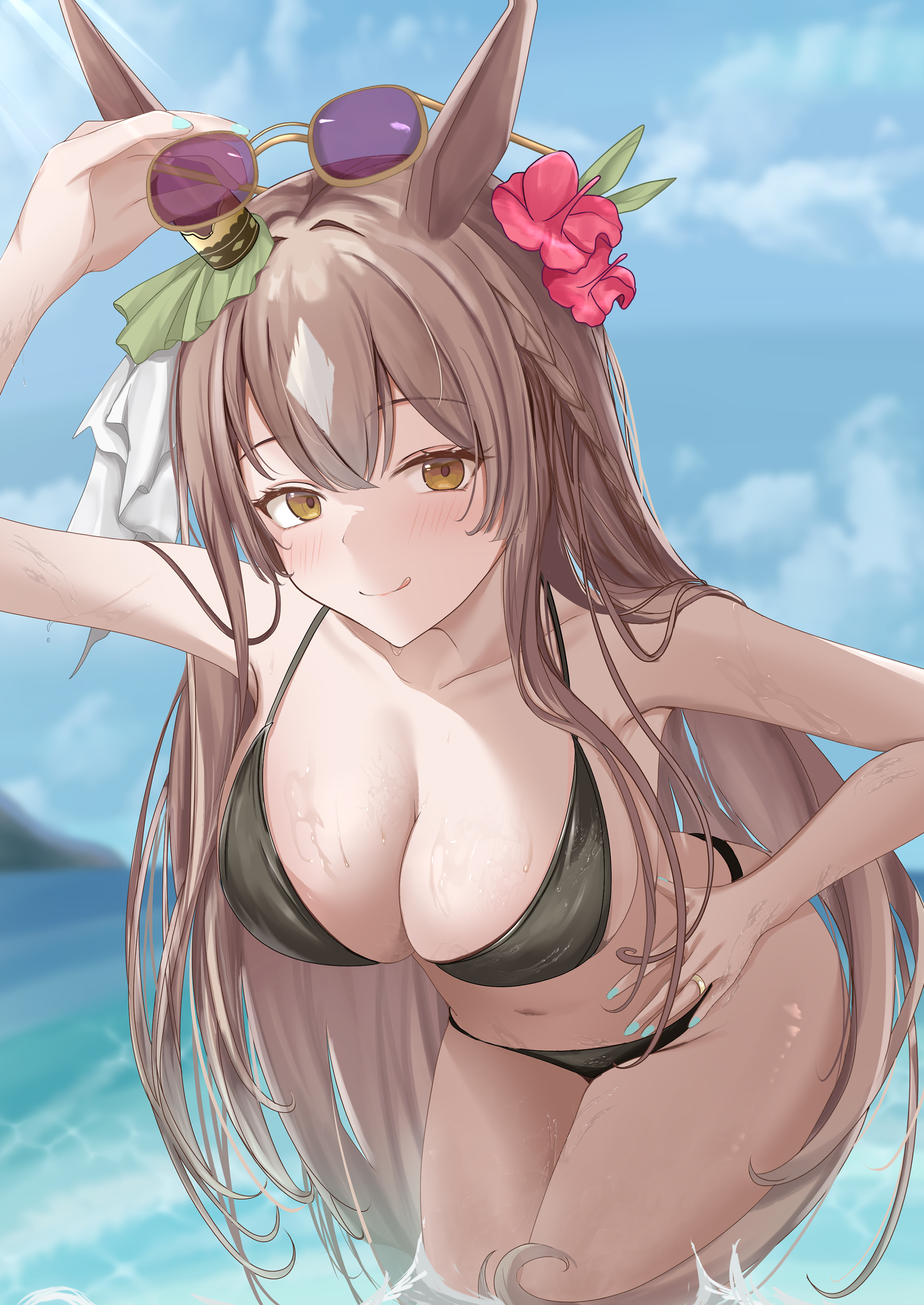 feriri, satono diamond (umamusume), umamusume, absurdres, commentary request, highres, 1girl, alternate costume, animal ears, beach, bikini, breasts, brown hair, cleavage, closed mouth, ear ornament, green bikini, hair between eyes, hair ornament, hand on own hip, horse ears, horse girl, horse tail, jewelry, large breasts, leaning forward, long hair, multicolored hair, ocean, ring, smile, solo, streaked hair, sunglasses, swimsuit, tail, very long hair, wading, water, wedding ring, wet, wet clothes, white hair, yellow eyes