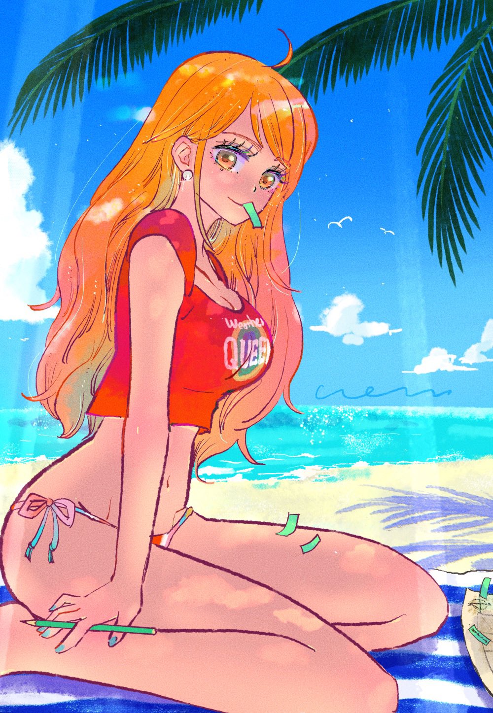 nem edogawa, nami (one piece), one piece, highres, mixed-language commentary, 1girl, bare legs, barefoot, beach, bikini, birthday, blue sky, breasts, cleavage, closed mouth, cloud, cloudy sky, earrings, feet out of frame, from side, holding, holding pen, jewelry, large breasts, long hair, looking at viewer, midriff, nail polish, navel, ocean, official alternate costume, orange eyes, orange hair, outdoors, palm tree, paper, pearl earrings, pen, red shirt, sand, seiza, shirt, short sleeves, side-tie bikini bottom, sitting, sky, solo, swimsuit, tree