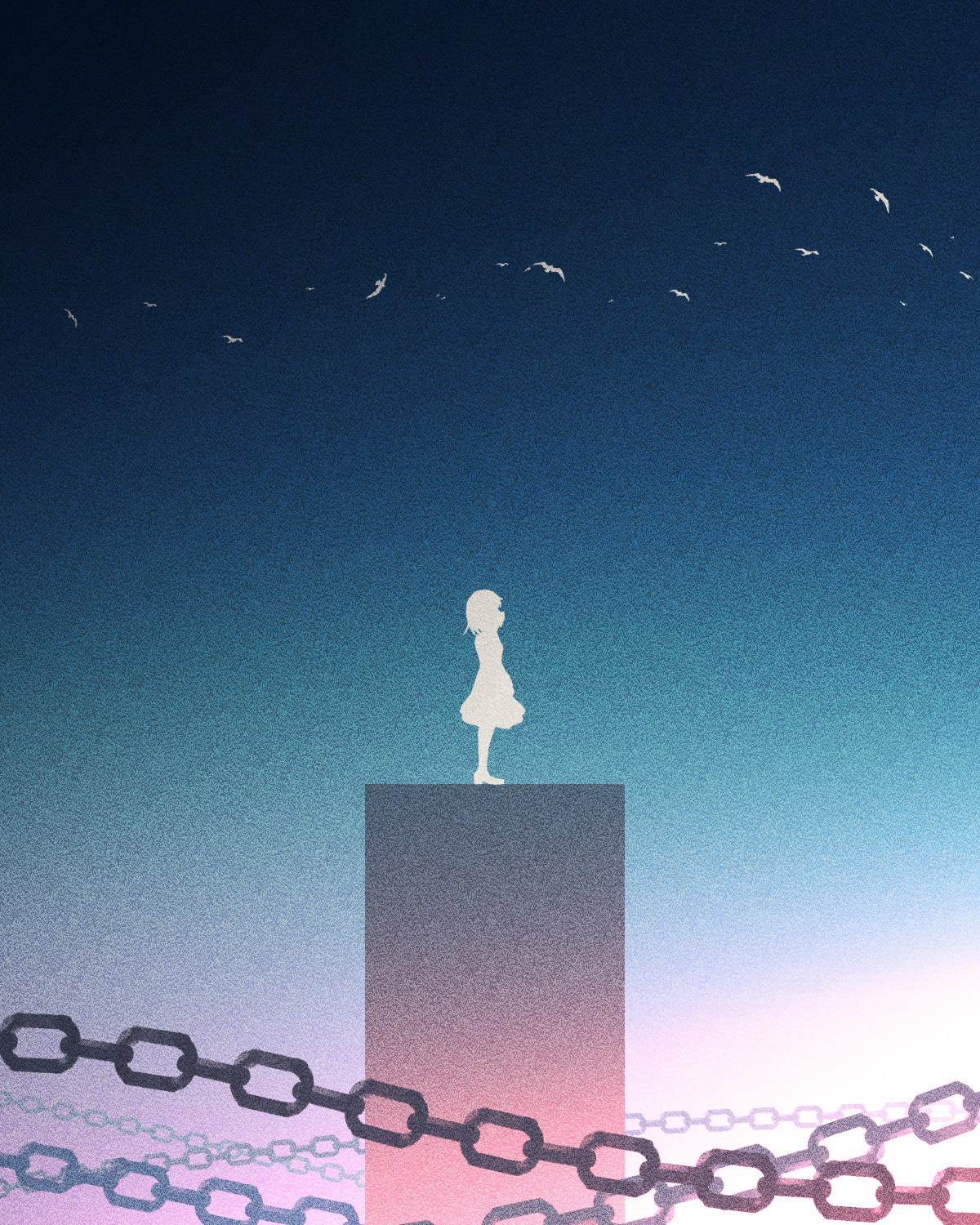 endlesscat, original, highres, 1girl, bird, chain, scenery, silhouette, sky, surreal