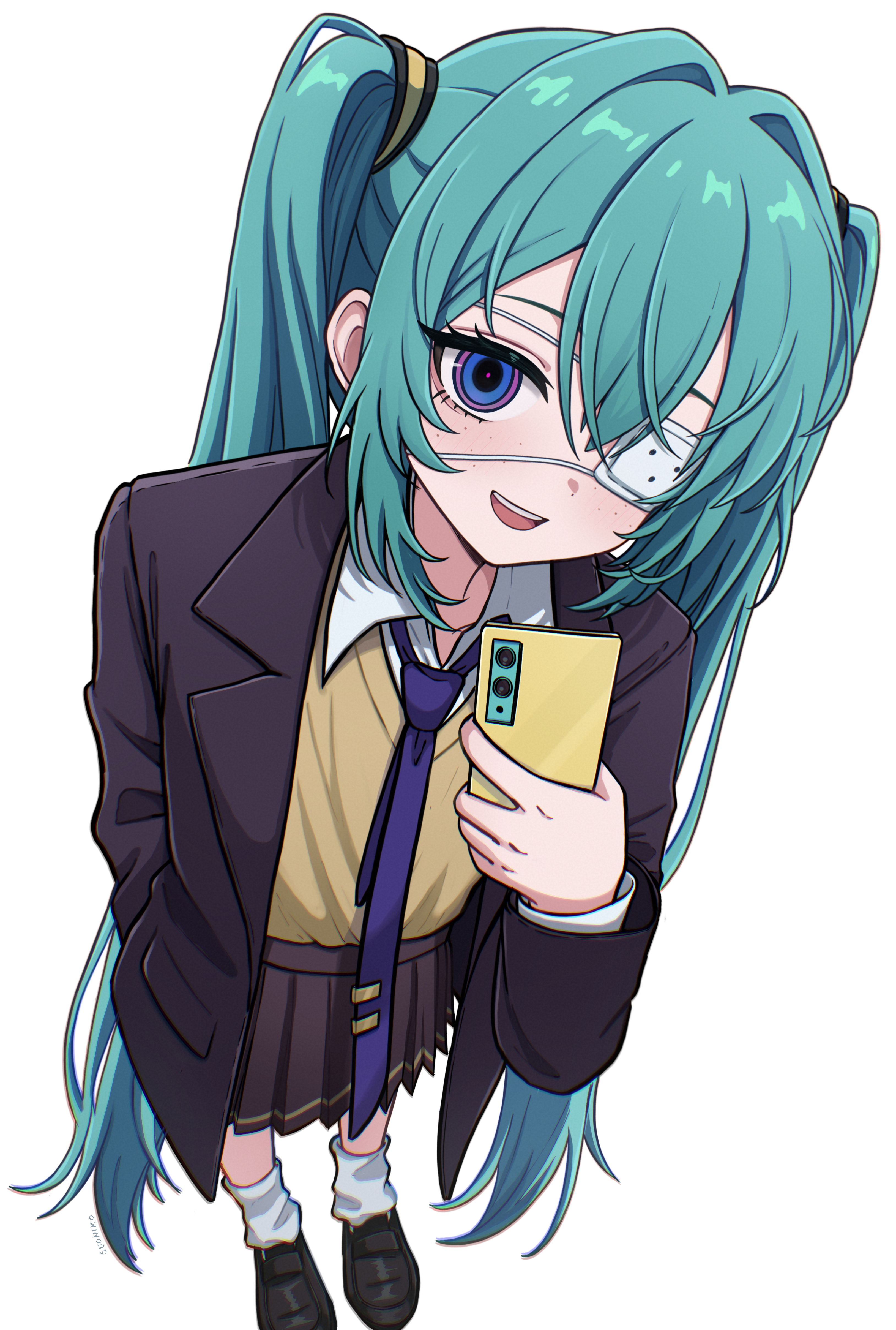 suoniko, hatsune miku, monitoring (vocaloid), vocaloid, absurdres, highres, 1girl, aqua hair, black shoes, blue eyes, blush, cellphone, eyepatch, hair between eyes, holding, holding phone, jacket, long hair, looking at viewer, loose socks, medical eyepatch, necktie, open mouth, phone, pleated skirt, purple jacket, purple necktie, purple skirt, shirt, shoes, sidelocks, skirt, smartphone, socks, solo, sweater, teeth, twintails, upper teeth only, white shirt, white socks, yellow sweater