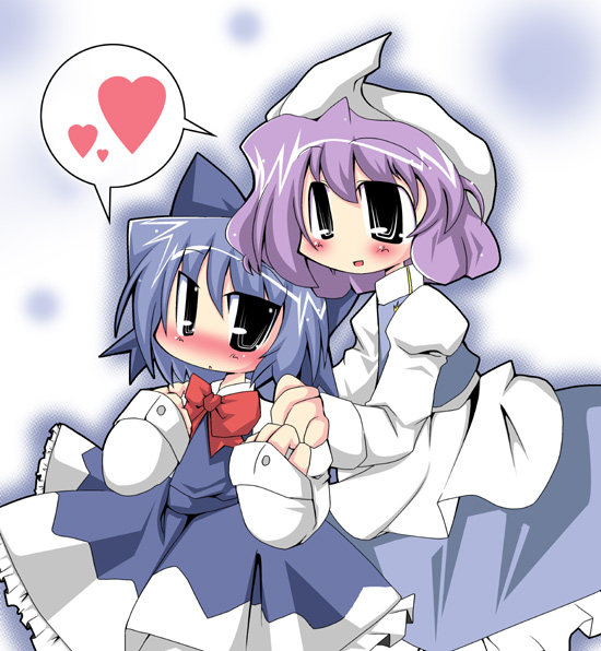 muuba, cirno, letty whiterock, touhou, 2girls, blue hair, blush, female focus, heart, multiple girls, purple hair, speech bubble, spoken heart