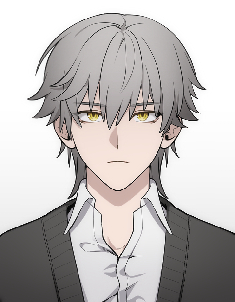 fumei20220904, caelus (honkai: star rail), trailblazer (honkai: star rail), honkai: star rail, honkai (series), 1boy, alternate costume, black sweater, closed mouth, collared shirt, fingernails, grey hair, hair between eyes, looking at viewer, male focus, shirt, short hair, simple background, sweater, teeth, upper body, white background, white shirt, yellow eyes