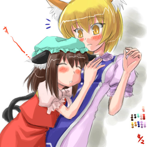 sasuke (sasuke no sato), chen, yakumo ran, touhou, lowres, 2girls, animal ears, blonde hair, cat ears, cat girl, cat tail, female focus, fox ears, multiple girls, sleeping, surcoat, tail
