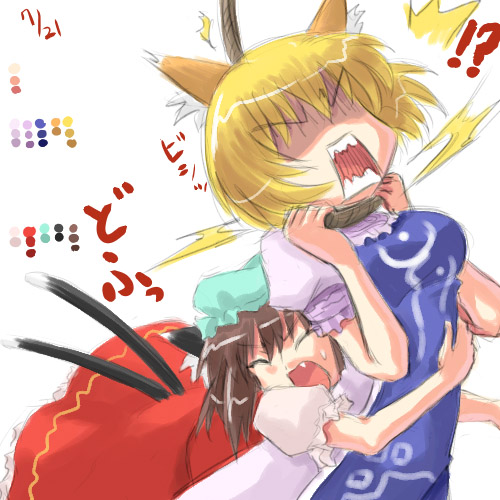 sasuke (sasuke no sato), chen, yakumo ran, touhou, lowres, 2girls, animal ears, blonde hair, brown hair, cat ears, cat girl, cat tail, fang, female focus, fox ears, hug, hug from behind, multiple girls, multiple tails, noose, short hair, suicide, surcoat, tail