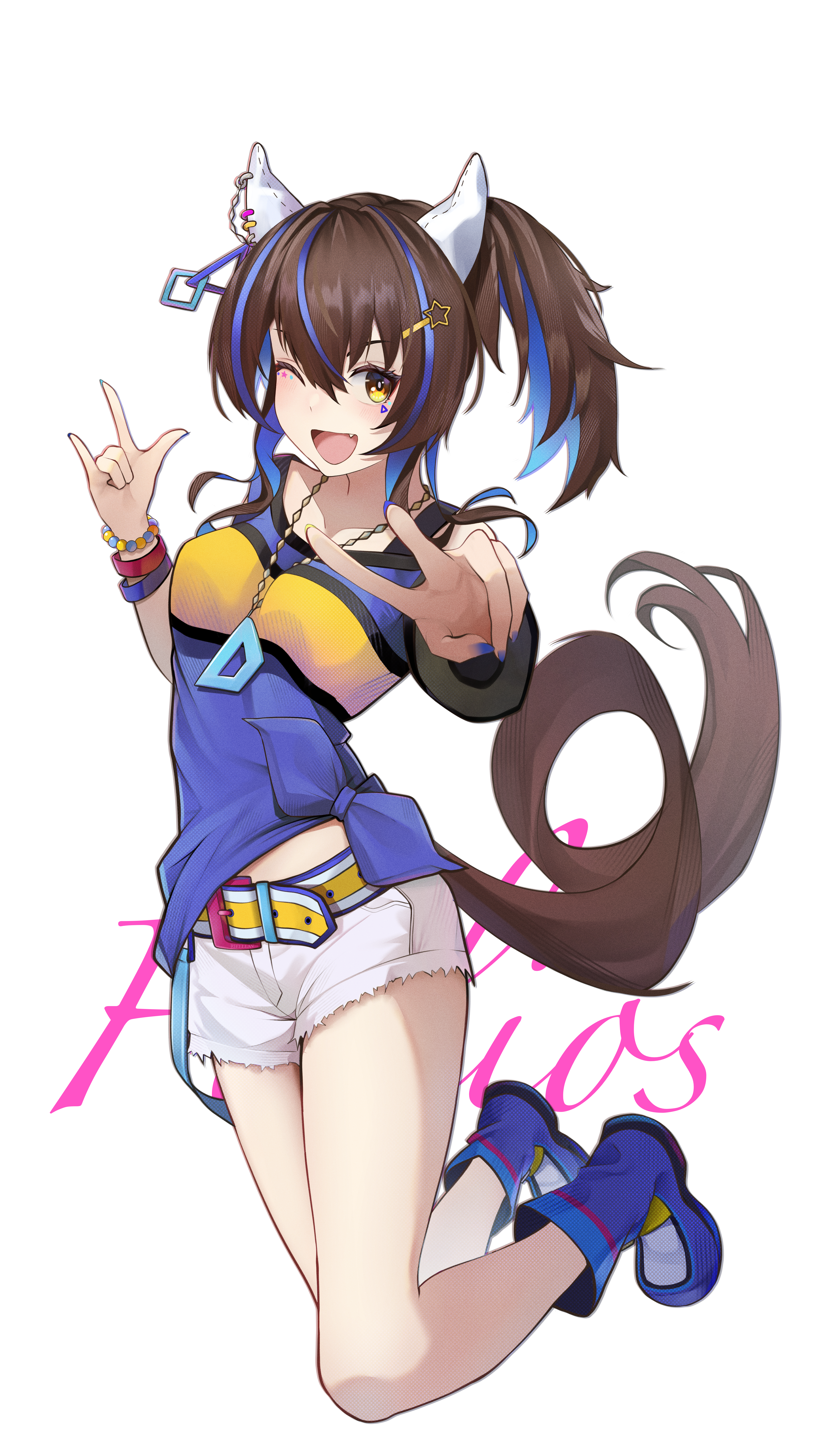 lavriell, daitaku helios (umamusume), umamusume, absurdres, commentary, highres, 1girl, ;), m/, animal ears, bead bracelet, beads, blue boots, blue hair, blue shirt, boots, bracelet, breasts, brown hair, closed mouth, collarbone, colored inner hair, daitaku helios (fun fun party night) (umamusume), ear covers, ear piercing, facial tattoo, fang, fingernails, full body, hair between eyes, hair ornament, hairclip, horse ears, horse girl, horse tail, jewelry, looking at viewer, medium breasts, medium hair, midair, multicolored hair, necklace, one eye closed, piercing, shirt, shoes, shorts, simple background, smile, solo, streaked hair, striped clothes, striped shirt, tail, tattoo, v, white background, white shorts, yellow eyes