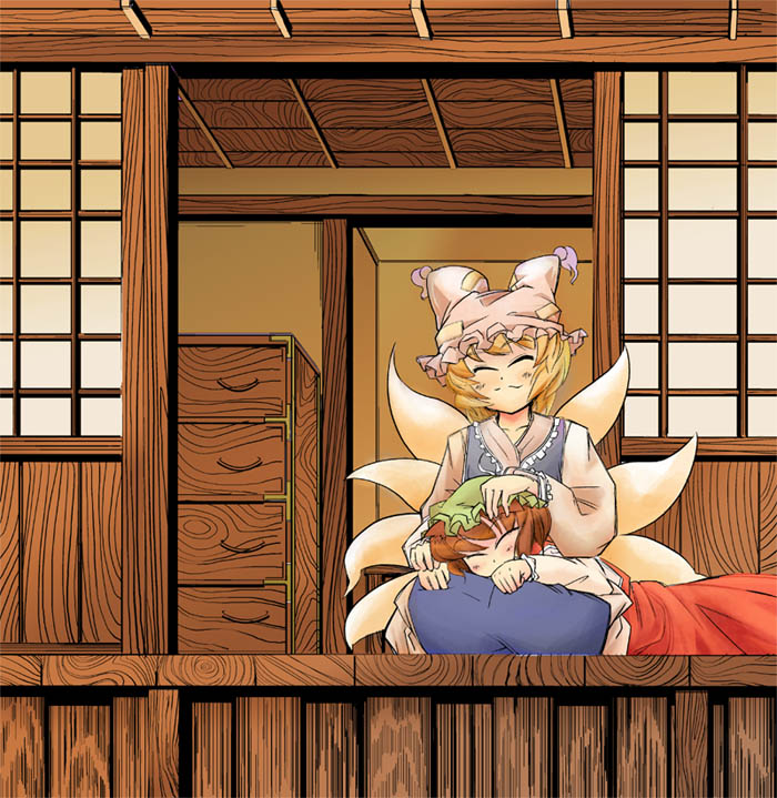 chen, yakumo ran, touhou, 2girls, ^ ^, animal ears, animal hat, blonde hair, blush, brown hair, building, cat ears, cat girl, closed eyes, drawer, dress, female focus, fox tail, frills, hat, headpat, lap pillow, long sleeves, mob cap, multiple girls, outdoors, red dress, shelf, short hair, sitting, sleeping, sleeveless, sliding doors, surcoat, tabard, tail, tassel