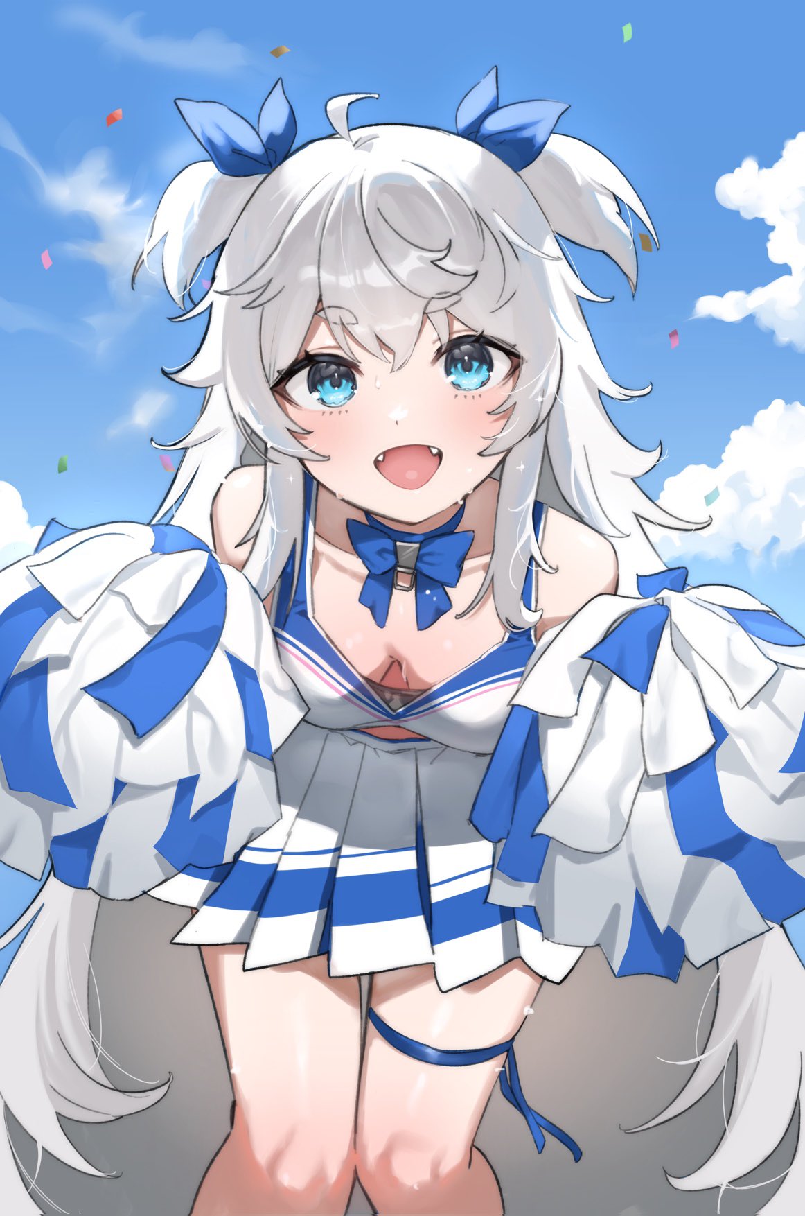 lia (pzvs3887), poli (cheer up police) (nikke), poli (nikke), goddess of victory: nikke, fluffy hair, highres, 1girl, ahoge, blue bow, blue bowtie, blue eyes, bow, bowtie, breasts, cheerleader, choker, cloud, collarbone, cowboy shot, fangs, hair bow, hands up, holding, holding pom poms, leaning forward, long hair, looking at viewer, open mouth, pleated skirt, pom pom (cheerleading), pom poms, short eyebrows, skirt, sky, small breasts, standing, thigh strap, two side up, very long hair, white hair