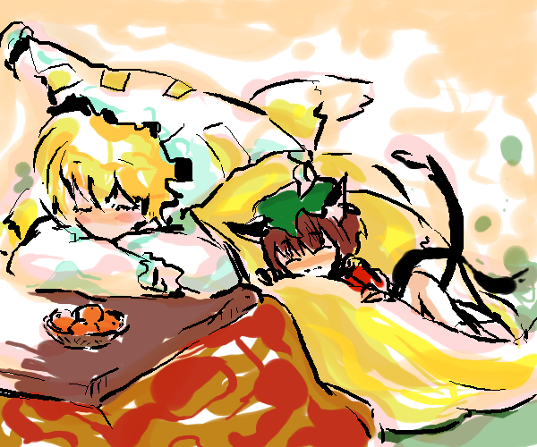 chen, yakumo ran, touhou, 2girls, animal ears, animal hat, blonde hair, brown hair, cat ears, cat girl, female focus, hat, kotatsu, long sleeves, mob cap, multiple girls, short hair, sleeping, table, tassel