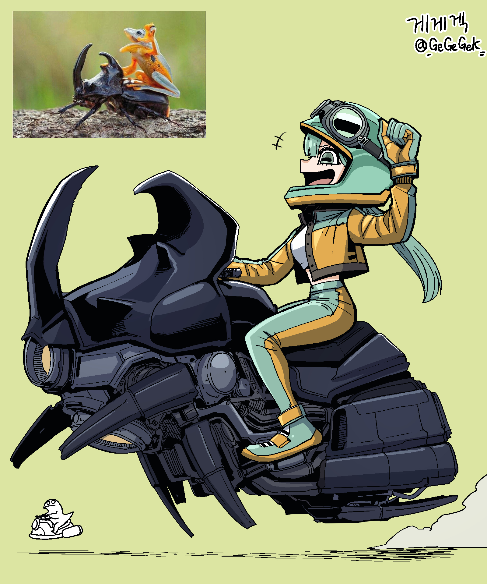 gegegekman, original, highres, 1girl, arm up, artist name, artist self-insert, beetle, bug, creature and personification, crop top, cropped jacket, dust, frog, frog girl, gloves, goggles, goggles on headwear, green background, green hair, horizontal pupils, hover bike, insect, jacket, long hair, open clothes, open jacket, open mouth, personification, photo inset, reference inset, science fiction, shirt, signature, white shirt