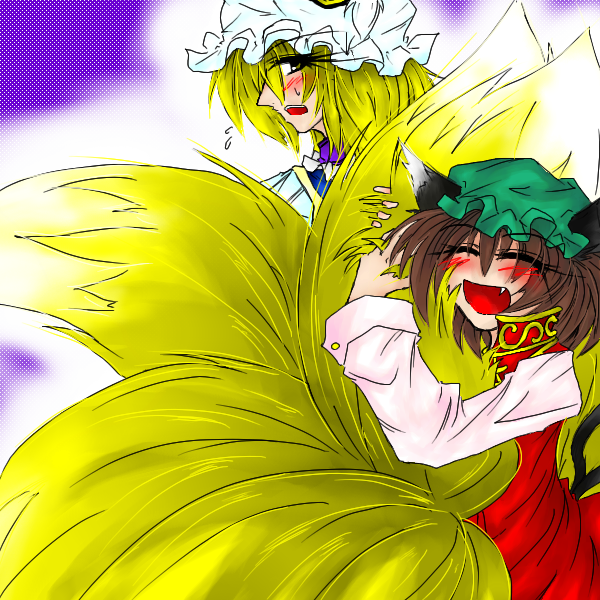 chen, yakumo ran, touhou, 2girls, animal ears, cat ears, cat girl, cat tail, dress, female focus, fox tail, gradient background, hat, hug, hugging another's tail, hugging tail, multiple girls, tail, white background