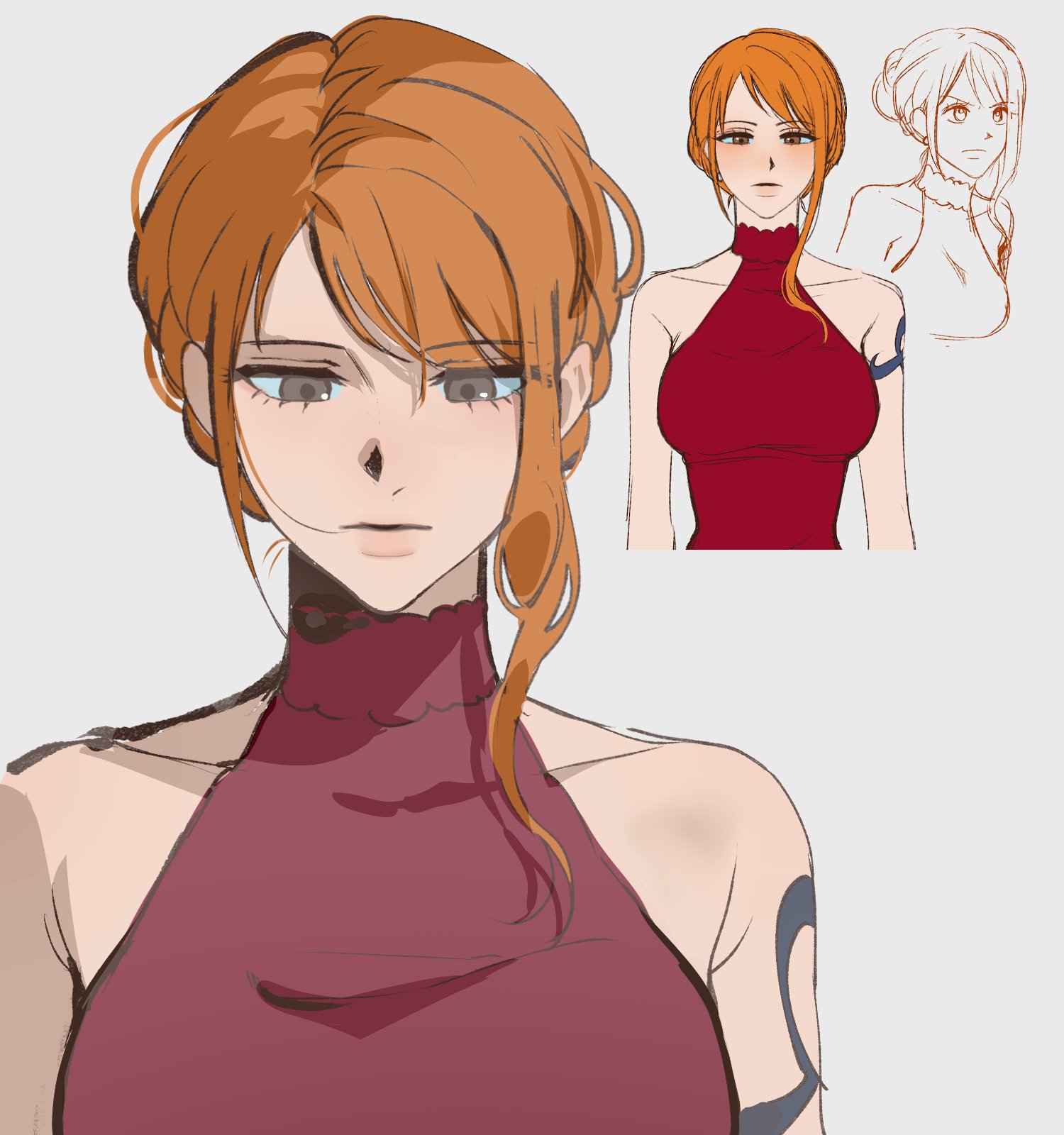 ppyobong11, nami (one piece), one piece, commentary request, highres, korean commentary, 1girl, bare shoulders, breasts, brown eyes, closed mouth, collarbone, dress, hair up, large breasts, multiple views, official alternate costume, official alternate hairstyle, orange hair, red dress, shoulder tattoo, simple background, single sidelock, sleeveless, sleeveless dress, straight-on, tattoo, upper body