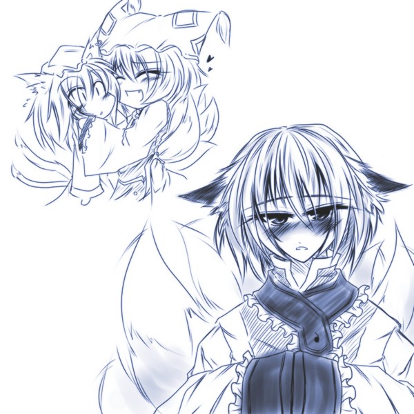chen, yakumo ran, touhou, 2girls, animal ears, animal hat, blush, cat ears, cat girl, cat tail, earrings, fang, female focus, fox ears, fox tail, hat, hug, jewelry, long sleeves, mob cap, monochrome, multiple girls, multiple tails, short hair, surcoat, tail, tassel, white background, wide sleeves