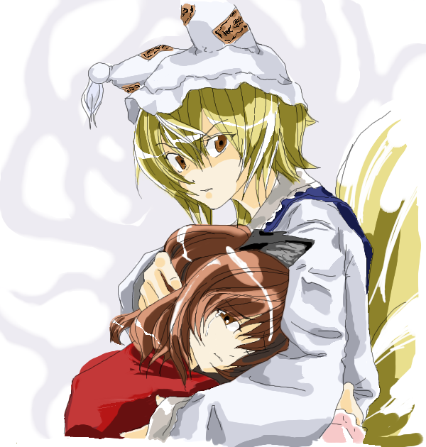 chen, yakumo ran, touhou, 2girls, animal ears, animal hat, blonde hair, brown eyes, brown hair, cat ears, cat girl, cat tail, dress, female focus, fox tail, hat, hug, long sleeves, looking at viewer, mob cap, multiple girls, multiple tails, no headwear, red dress, red eyes, short hair, simple background, tail, white background, white dress