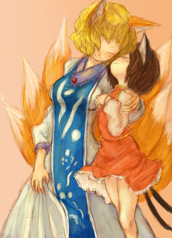 chen, yakumo ran, touhou, 2girls, animal ears, blonde hair, cat ears, cat girl, cat tail, closed eyes, cuddling, female focus, fox ears, fox tail, long sleeves, multiple girls, no headwear, pink background, short hair, smile, surcoat, tabard, tail