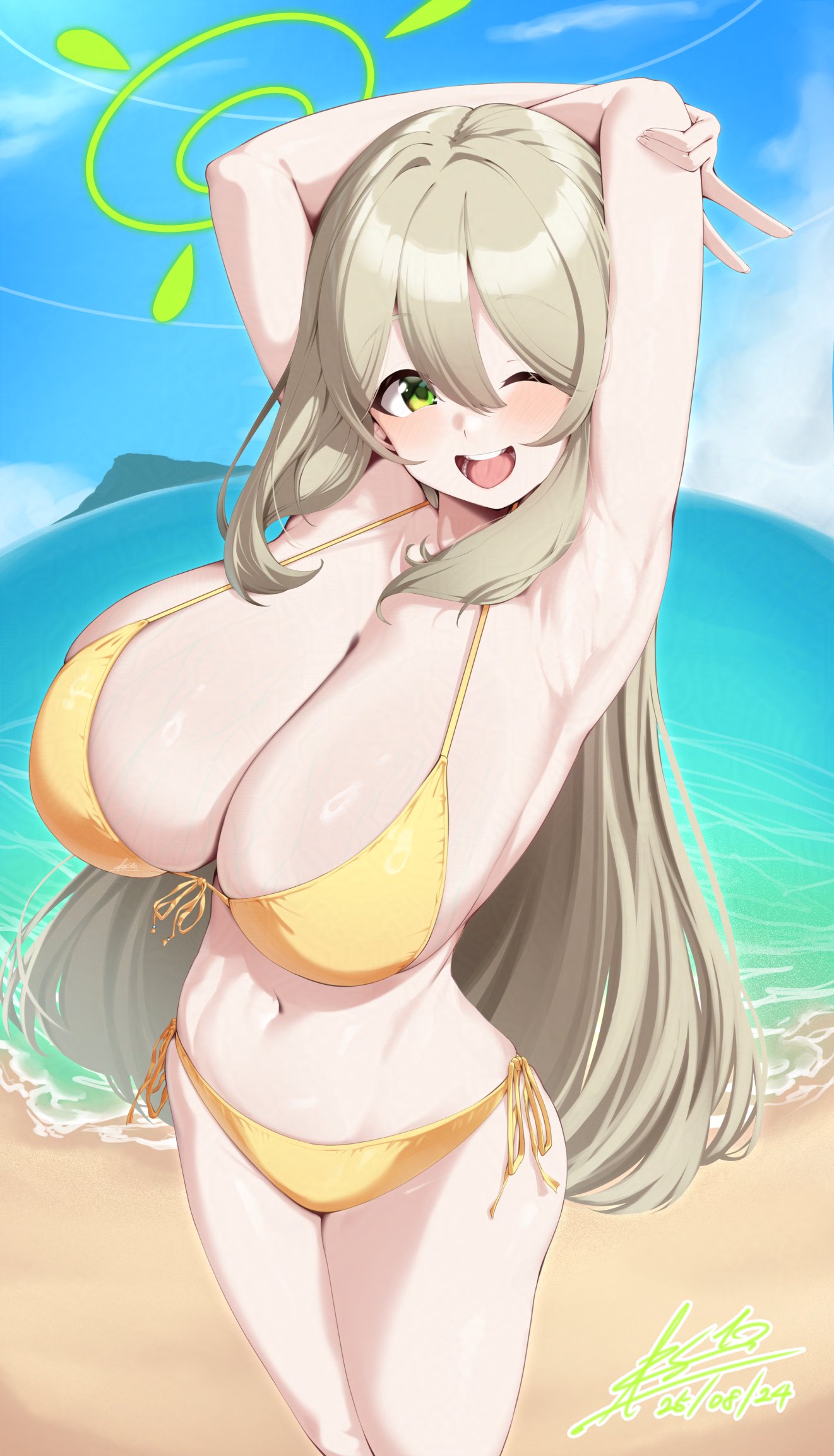 esto 0079, nonomi (blue archive), nonomi (swimsuit) (blue archive), blue archive, commentary, highres, 1girl, :d, armpits, arms behind head, bare arms, bare legs, beach, bikini, blue sky, blush, breasts, brown hair, caustics, cleavage, cloud, cowboy shot, dated, day, double-parted bangs, fisheye, front-tie bikini top, front-tie top, green eyes, green halo, hair between eyes, halo, halterneck, huge breasts, long sidelocks, looking at viewer, mountainous horizon, navel, official alternate costume, one eye closed, open mouth, outdoors, presenting armpit, shiny skin, side-tie bikini bottom, sideboob, sidelocks, signature, sky, smile, solo, stretching, string bikini, sunlight, swimsuit, teeth, tongue, v, yellow bikini