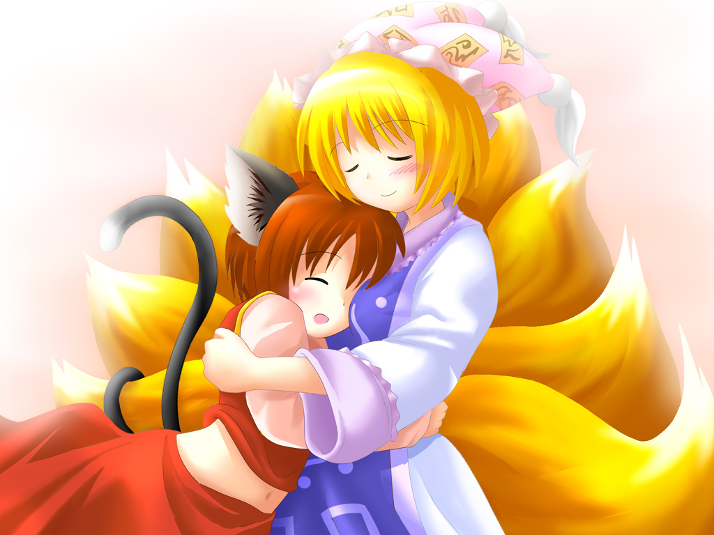 chen, yakumo ran, touhou, 2girls, animal ears, animal hat, blonde hair, blush, cat ears, cat girl, cat tail, closed eyes, female focus, fox tail, hat, hug, long sleeves, mob cap, multiple girls, no headwear, surcoat, tail, tassel, wide sleeves
