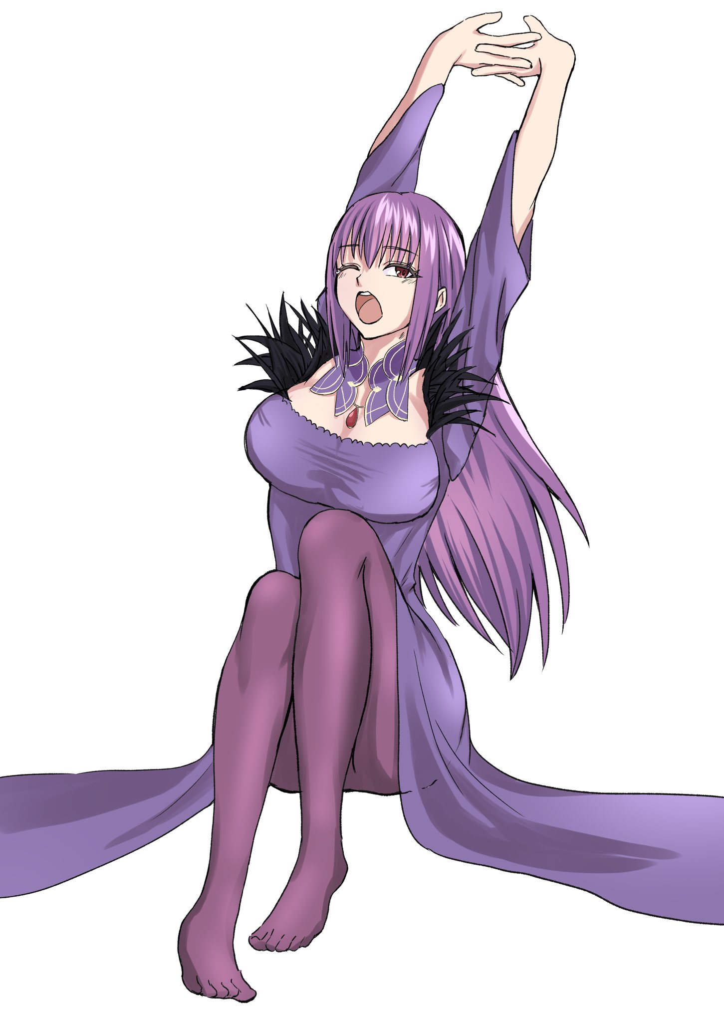 scathach (fate), scathach skadi (fate), fate/grand order, fate (series), highres, 1girl, arms up, black feathers, breasts, cleavage, collar, detached collar, dress, feather-trimmed dress, feather trim, feathers, full body, gem, hair between eyes, jewelry, knees together feet apart, knees up, large breasts, long hair, long sleeves, looking at viewer, low neckline, no headwear, no shoes, off-shoulder dress, off shoulder, one eye closed, open mouth, outstretched arms, own hands together, pantyhose, pendant, purple collar, purple dress, purple hair, purple pantyhose, red eyes, red gemstone, scathach skadi (first ascension) (fate), sidelocks, simple background, sitting, solo, stretching, taut clothes, taut dress, una una 6, v-bangs, white background, yawning